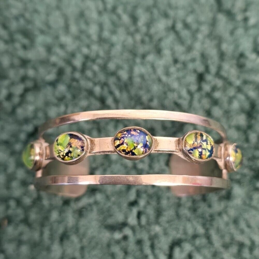 Vintage Stamped Mexico Green Opal Glass Silver Open Cuff Bracelet Statement‎